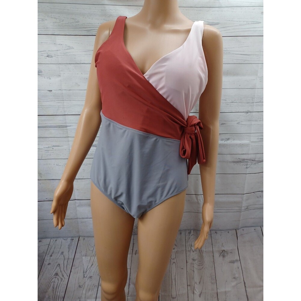 ZAFUL 1-Pc Swimsuit Bathing Pink Gray with Tie Size 10